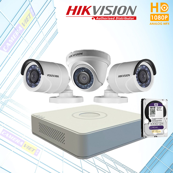 Trọn bộ 3 Camera Hikvision 2.0Mp Full HD 1080P | Lắp đặt cho gia đình, Cửa hàng, Văn phòng, Trường Mầm Non